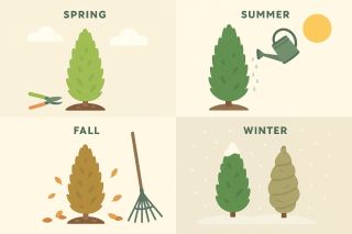 Illustration of four seasons of arborvitae care - spring, summer, fall, winter